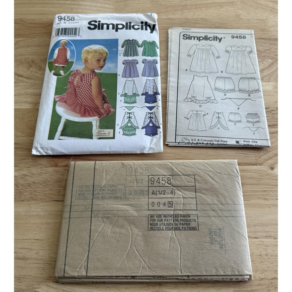Simplicity 9458 Dress, Pinafore, Panties & Scarf Pattern Toddlers'  1/2-4 Uncut‎ - Picture 4 of 4
